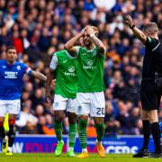 Emiliano Marcondes reacts as referee David Dickinson awards Rangers a free kick